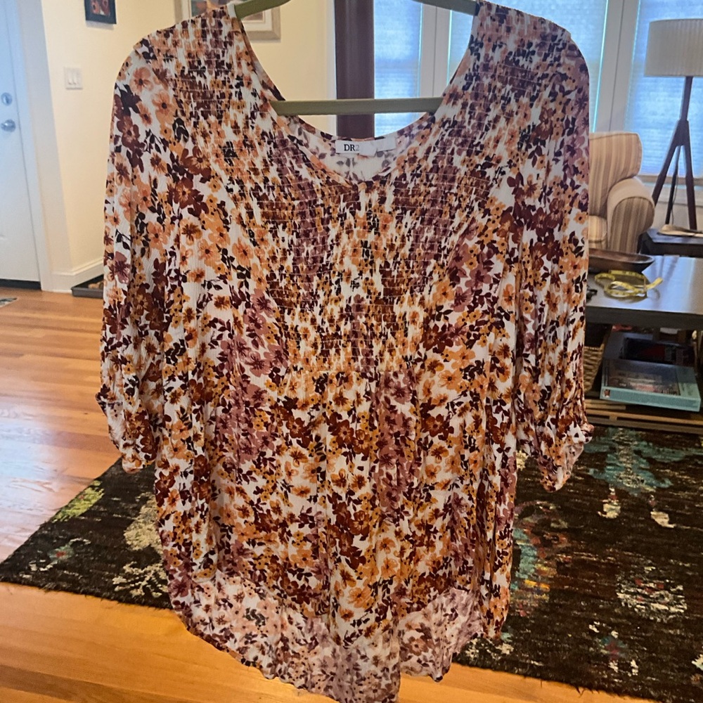 DR2 Floral Print Women's Blouse - Burgundy and Rust